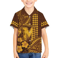 Personalised Hawaii Mililani High School Family Matching Off The Shoulder Long Sleeve Dress and Hawaiian Shirt Tribal Tattoo With Hibiscus Flowers LT05 Son's Shirt Brown - Polynesian Pride