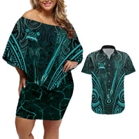Personalised New Zealand Darts Couples Matching Off Shoulder Short Dress and Hawaiian Shirt Turquoise Dart Board Maori Pattern LT05 Turquoise - Polynesian Pride