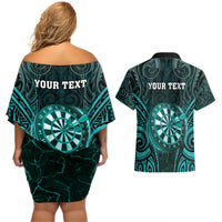 Personalised New Zealand Darts Couples Matching Off Shoulder Short Dress and Hawaiian Shirt Turquoise Dart Board Maori Pattern LT05 - Polynesian Pride