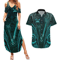Personalised New Zealand Darts Couples Matching Summer Maxi Dress and Hawaiian Shirt Turquoise Dart Board Maori Pattern LT05 Turquoise - Polynesian Pride