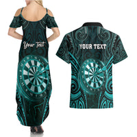 Personalised New Zealand Darts Couples Matching Summer Maxi Dress and Hawaiian Shirt Turquoise Dart Board Maori Pattern LT05 - Polynesian Pride