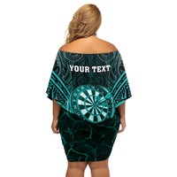 Personalised New Zealand Darts Off Shoulder Short Dress Turquoise Dart Board Maori Pattern LT05 - Polynesian Pride
