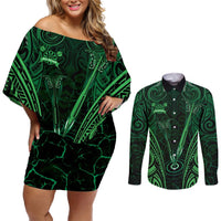 Personalised New Zealand Darts Couples Matching Off Shoulder Short Dress and Long Sleeve Button Shirt Green Dart Board Maori Pattern LT05 Green - Polynesian Pride