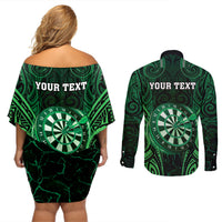 Personalised New Zealand Darts Couples Matching Off Shoulder Short Dress and Long Sleeve Button Shirt Green Dart Board Maori Pattern LT05 - Polynesian Pride