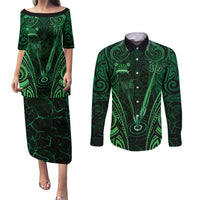 Personalised New Zealand Darts Couples Matching Puletasi and Long Sleeve Button Shirt Green Dart Board Maori Pattern LT05 Green - Polynesian Pride
