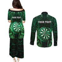 Personalised New Zealand Darts Couples Matching Puletasi and Long Sleeve Button Shirt Green Dart Board Maori Pattern LT05 - Polynesian Pride