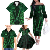 Personalised New Zealand Darts Family Matching Off The Shoulder Long Sleeve Dress and Hawaiian Shirt Green Dart Board Maori Pattern
