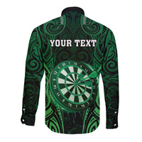Personalised New Zealand Darts Long Sleeve Button Shirt Green Dart Board Maori Pattern
