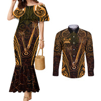 Personalised New Zealand Darts Couples Matching Mermaid Dress and Long Sleeve Button Shirt Gold Dart Board Maori Pattern LT05 Gold - Polynesian Pride