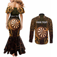 Personalised New Zealand Darts Couples Matching Mermaid Dress and Long Sleeve Button Shirt Gold Dart Board Maori Pattern LT05 - Polynesian Pride