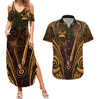 Personalised New Zealand Darts Couples Matching Summer Maxi Dress and Hawaiian Shirt Gold Dart Board Maori Pattern LT05 Gold - Polynesian Pride