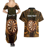 Personalised New Zealand Darts Couples Matching Summer Maxi Dress and Hawaiian Shirt Gold Dart Board Maori Pattern LT05 - Polynesian Pride