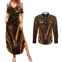 Personalised New Zealand Darts Couples Matching Summer Maxi Dress and Long Sleeve Button Shirt Gold Dart Board Maori Pattern LT05 Gold - Polynesian Pride
