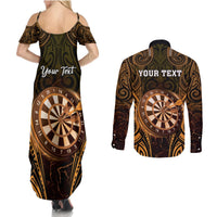 Personalised New Zealand Darts Couples Matching Summer Maxi Dress and Long Sleeve Button Shirt Gold Dart Board Maori Pattern LT05 - Polynesian Pride
