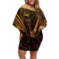 Personalised New Zealand Darts Off Shoulder Short Dress Gold Dart Board Maori Pattern LT05 Women Gold - Polynesian Pride