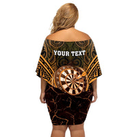 Personalised New Zealand Darts Off Shoulder Short Dress Gold Dart Board Maori Pattern LT05 - Polynesian Pride