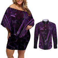 Personalised New Zealand Darts Couples Matching Off Shoulder Short Dress and Long Sleeve Button Shirt Purple Dart Board Maori Pattern LT05 Purple - Polynesian Pride