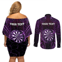 Personalised New Zealand Darts Couples Matching Off Shoulder Short Dress and Long Sleeve Button Shirt Purple Dart Board Maori Pattern LT05 - Polynesian Pride