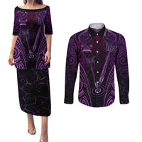 Personalised New Zealand Darts Couples Matching Puletasi and Long Sleeve Button Shirt Purple Dart Board Maori Pattern LT05 Purple - Polynesian Pride