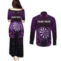 Personalised New Zealand Darts Couples Matching Puletasi and Long Sleeve Button Shirt Purple Dart Board Maori Pattern LT05 - Polynesian Pride