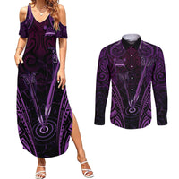Personalised New Zealand Darts Couples Matching Summer Maxi Dress and Long Sleeve Button Shirt Purple Dart Board Maori Pattern LT05 Purple - Polynesian Pride