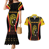 Custom Papua New Guinea Cricket Couples Matching Mermaid Dress and Hawaiian Shirt 2024 World Cup LT05 Black - Polynesian Pride