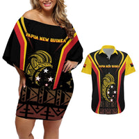 Custom Papua New Guinea Cricket Couples Matching Off Shoulder Short Dress and Hawaiian Shirt 2024 World Cup LT05 Black - Polynesian Pride