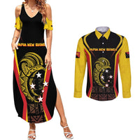 Custom Papua New Guinea Cricket Couples Matching Summer Maxi Dress and Long Sleeve Button Shirt 2024 World Cup LT05 Black - Polynesian Pride