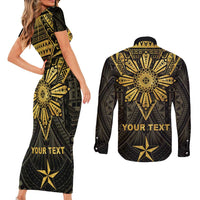 Personalised Philippines Independence Day Couples Matching Short Sleeve Bodycon Dress and Long Sleeve Button Shirt Filipinos Sun Star Tribal