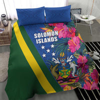 Solomon Islands Independence Day Bedding Set Coat Of Arms With Tropical Flowers