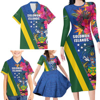 Solomon Islands Independence Day Family Matching Long Sleeve Bodycon Dress and Hawaiian Shirt Coat Of Arms With Tropical Flowers