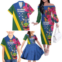 Solomon Islands Independence Day Family Matching Off The Shoulder Long Sleeve Dress and Hawaiian Shirt Coat Of Arms With Tropical Flowers
