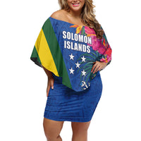 Solomon Islands Independence Day Family Matching Off Shoulder Short Dress and Hawaiian Shirt Coat Of Arms With Tropical Flowers
