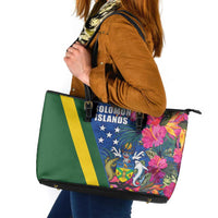 Solomon Islands Independence Day Leather Tote Bag Coat Of Arms With Tropical Flowers
