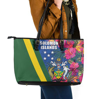 Solomon Islands Independence Day Leather Tote Bag Coat Of Arms With Tropical Flowers