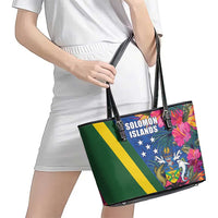 Solomon Islands Independence Day Leather Tote Bag Coat Of Arms With Tropical Flowers