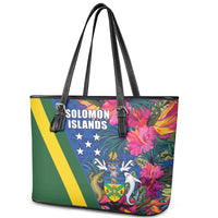 Solomon Islands Independence Day Leather Tote Bag Coat Of Arms With Tropical Flowers