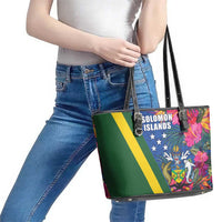 Solomon Islands Independence Day Leather Tote Bag Coat Of Arms With Tropical Flowers
