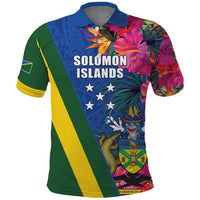 Solomon Islands Independence Day Polo Shirt Coat Of Arms With Tropical Flowers