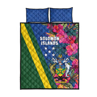 Solomon Islands Independence Day Quilt Bed Set Coat Of Arms With Tropical Flowers