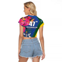 Solomon Islands Independence Day Raglan Cropped T Shirt Coat Of Arms With Tropical Flowers