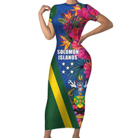 Solomon Islands Independence Day Short Sleeve Bodycon Dress Coat Of Arms With Tropical Flowers