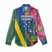 Solomon Islands Independence Day Women Casual Shirt Coat Of Arms With Tropical Flowers