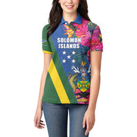 Solomon Islands Independence Day Women Polo Shirt Coat Of Arms With Tropical Flowers