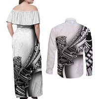 Solomon Islands Nguzunguzu Couples Matching Off Shoulder Maxi Dress and Long Sleeve Button Shirt Polynesian Tribal Pattern