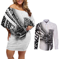 Solomon Islands Nguzunguzu Couples Matching Off Shoulder Short Dress and Long Sleeve Button Shirt Polynesian Tribal Pattern