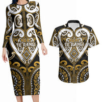 Custom Aotearoa Ngai Te Rangi Couples Matching Long Sleeve Bodycon Dress and Hawaiian Shirt Maori Tribal Pattern LT05 Gold - Polynesian Pride