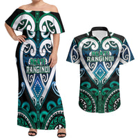 Custom Aotearoa Ngati Ranginui Couples Matching Off Shoulder Maxi Dress and Hawaiian Shirt Maori Tribal Pattern LT05 Cyan - Polynesian Pride