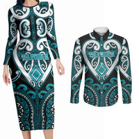 Custom Aotearoa Tapuika Couples Matching Long Sleeve Bodycon Dress and Long Sleeve Button Shirt Maori Tribal Pattern LT05 Teal - Polynesian Pride