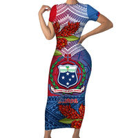 Personalized Samoa Short Sleeve Bodycon Dress Teuila Torch Ginger Mix Polynesian Tribal LT05 Long Dress Blue - Polynesian Pride